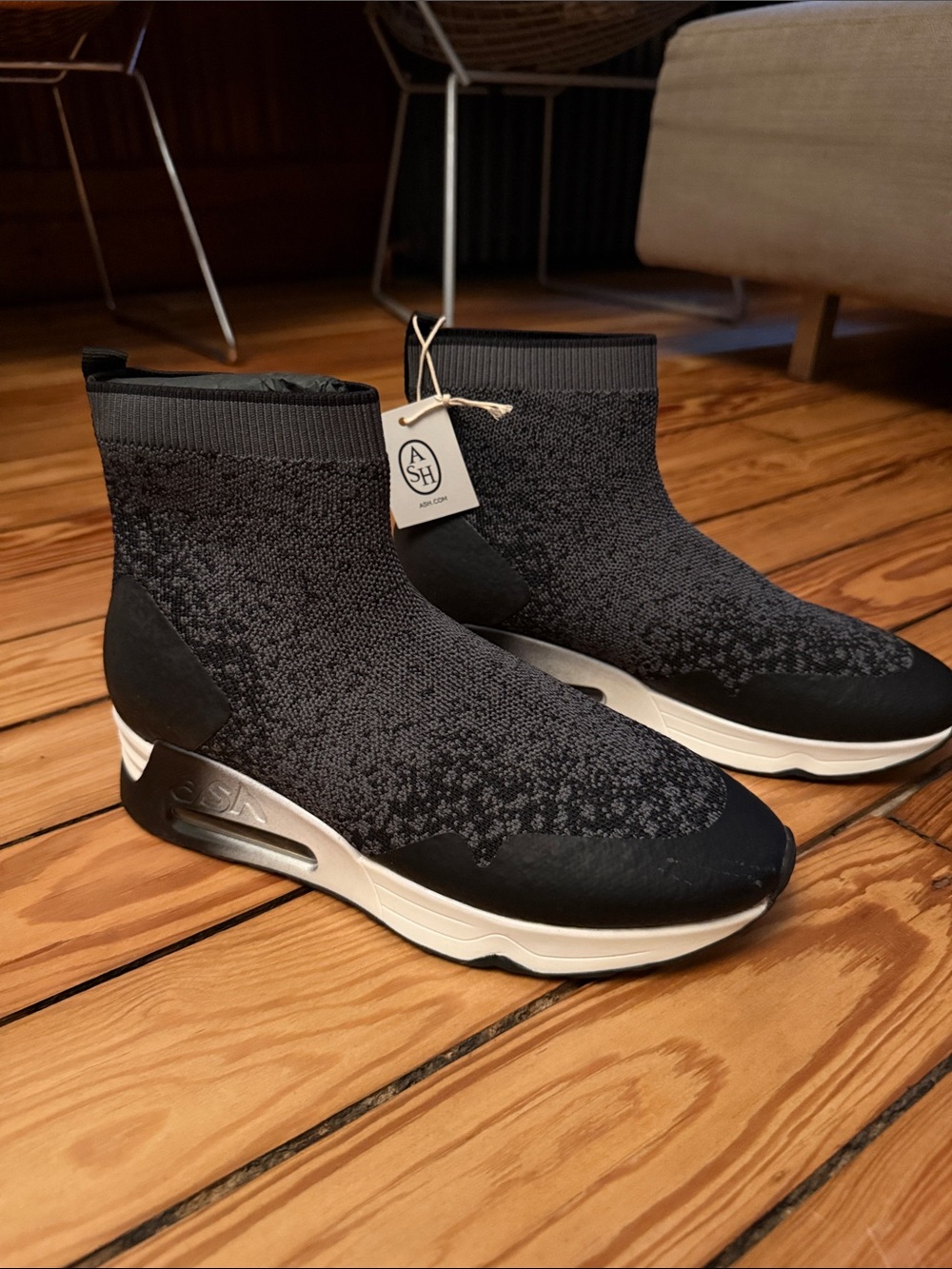 Ash Black Knit Sock-Style Men's Sneakers with White Midsole